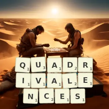 Creative illustration for a Scrabble game with the word QUADRIVALENCES spelled out in tiles on the board.