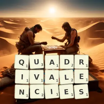 Creative illustration for a Scrabble game with the word QUADRIVALENCIES spelled out in tiles on the board.