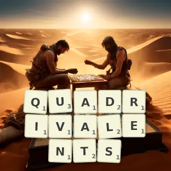 Creative illustration for a Scrabble game with the word QUADRIVALENTS spelled out in tiles on the board.