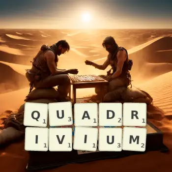 Creative illustration for a Scrabble game with the word QUADRIVIUM spelled out in tiles on the board.