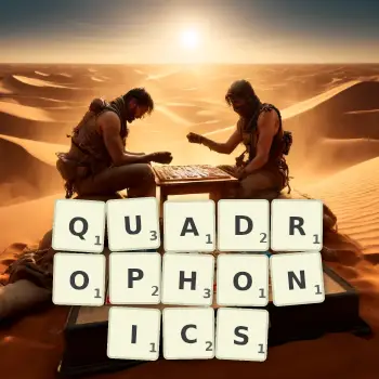 Creative illustration for a Scrabble game with the word QUADROPHONICS spelled out in tiles on the board.