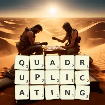 Creative illustration for a Scrabble game with the word QUADRUPLICATING spelled out in tiles on the board.