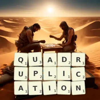 Creative illustration for a Scrabble game with the word QUADRUPLICATION spelled out in tiles on the board.