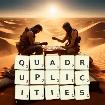 Creative illustration for a Scrabble game with the word QUADRUPLICITIES spelled out in tiles on the board.