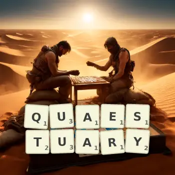 Creative illustration for a Scrabble game with the word QUAESTUARY spelled out in tiles on the board.