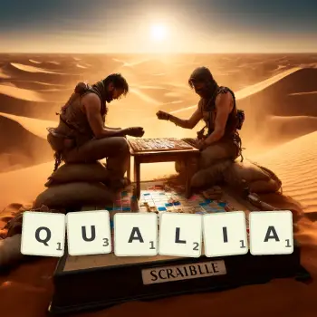 Creative illustration for a Scrabble game with the word QUALIA spelled out in tiles on the board.