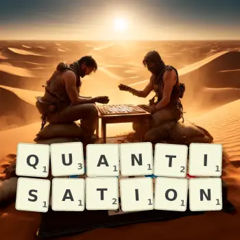 Creative illustration for a Scrabble game with the word QUANTISATION spelled out in tiles on the board.