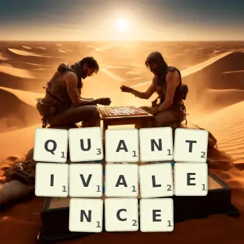 Creative illustration for a Scrabble game with the word QUANTIVALENCE spelled out in tiles on the board.