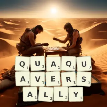 Creative illustration for a Scrabble game with the word QUAQUAVERSALLY spelled out in tiles on the board.