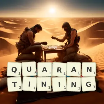 Creative illustration for a Scrabble game with the word QUARANTINING spelled out in tiles on the board.