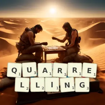 Creative illustration for a Scrabble game with the word QUARRELLING spelled out in tiles on the board.