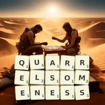 Creative illustration for a Scrabble game with the word QUARRELSOMENESS spelled out in tiles on the board.