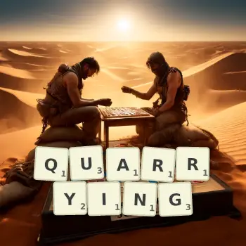Creative illustration for a Scrabble game with the word QUARRYING spelled out in tiles on the board.