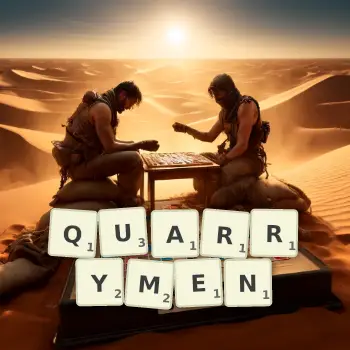 Creative illustration for a Scrabble game with the word QUARRYMEN spelled out in tiles on the board.