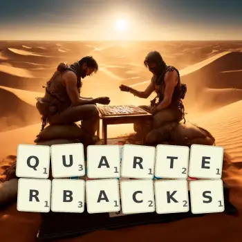 Creative illustration for a Scrabble game with the word QUARTERBACKS spelled out in tiles on the board.