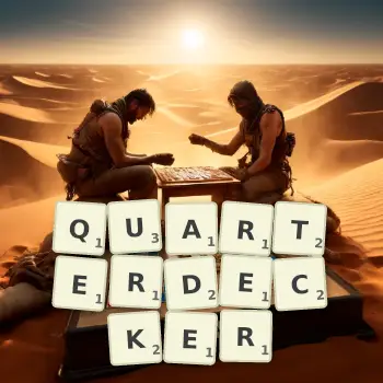 Creative illustration for a Scrabble game with the word QUARTERDECKER spelled out in tiles on the board.
