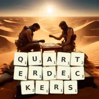 Creative illustration for a Scrabble game with the word QUARTERDECKERS spelled out in tiles on the board.