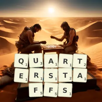 Creative illustration for a Scrabble game with the word QUARTERSTAFFS spelled out in tiles on the board.