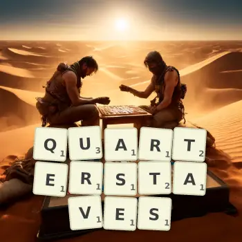Creative illustration for a Scrabble game with the word QUARTERSTAVES spelled out in tiles on the board.