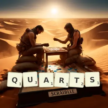 Creative illustration for a Scrabble game with the word QUARTS spelled out in tiles on the board.
