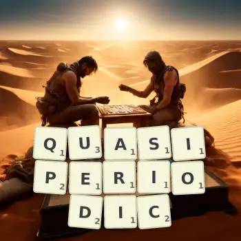 Creative illustration for a Scrabble game with the word QUASIPERIODIC spelled out in tiles on the board.
