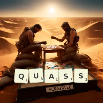 Creative illustration for a Scrabble game with the word QUASS spelled out in tiles on the board.