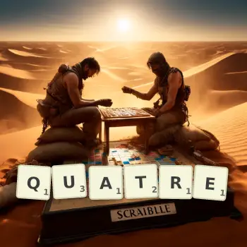 Creative illustration for a Scrabble game with the word QUATRE spelled out in tiles on the board.
