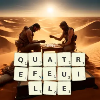 Creative illustration for a Scrabble game with the word QUATREFEUILLE spelled out in tiles on the board.
