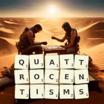 Creative illustration for a Scrabble game with the word QUATTROCENTISMS spelled out in tiles on the board.