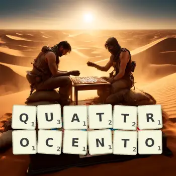 Creative illustration for a Scrabble game with the word QUATTROCENTO spelled out in tiles on the board.