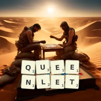 Creative illustration for a Scrabble game with the word QUEENLET spelled out in tiles on the board.