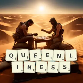 Creative illustration for a Scrabble game with the word QUEENLINESS spelled out in tiles on the board.