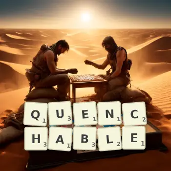 Creative illustration for a Scrabble game with the word QUENCHABLE spelled out in tiles on the board.