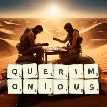 Creative illustration for a Scrabble game with the word QUERIMONIOUS spelled out in tiles on the board.