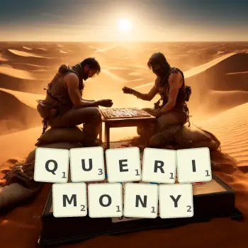 Creative illustration for a Scrabble game with the word QUERIMONY spelled out in tiles on the board.
