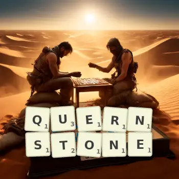 Creative illustration for a Scrabble game with the word QUERNSTONE spelled out in tiles on the board.