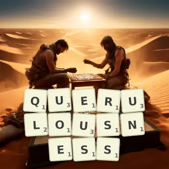 Creative illustration for a Scrabble game with the word QUERULOUSNESS spelled out in tiles on the board.