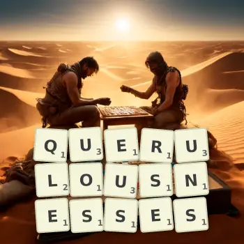 Creative illustration for a Scrabble game with the word QUERULOUSNESSES spelled out in tiles on the board.