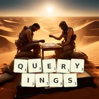 Creative illustration for a Scrabble game with the word QUERYINGS spelled out in tiles on the board.