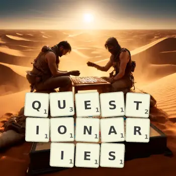 Creative illustration for a Scrabble game with the word QUESTIONARIES spelled out in tiles on the board.