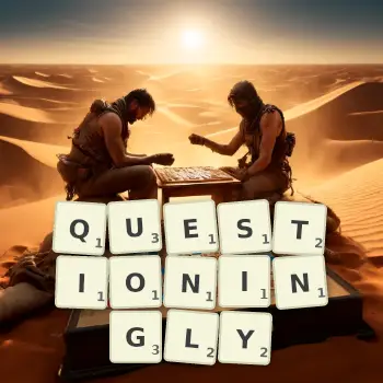 Creative illustration for a Scrabble game with the word QUESTIONINGLY spelled out in tiles on the board.