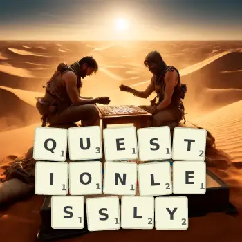 Creative illustration for a Scrabble game with the word QUESTIONLESSLY spelled out in tiles on the board.