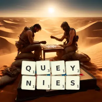Creative illustration for a Scrabble game with the word QUEYNIES spelled out in tiles on the board.