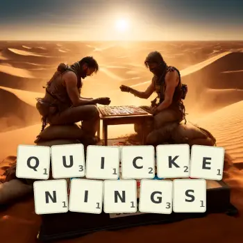 Creative illustration for a Scrabble game with the word QUICKENINGS spelled out in tiles on the board.