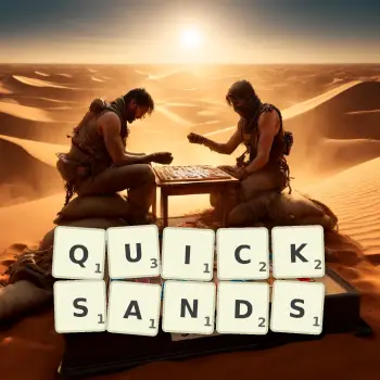 Creative illustration for a Scrabble game with the word QUICKSANDS spelled out in tiles on the board.