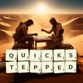 Creative illustration for a Scrabble game with the word QUICKSTEPPED spelled out in tiles on the board.