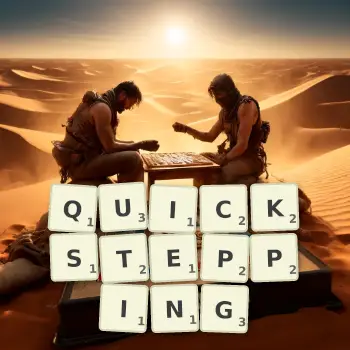 Creative illustration for a Scrabble game with the word QUICKSTEPPING spelled out in tiles on the board.