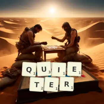 Creative illustration for a Scrabble game with the word QUIETER spelled out in tiles on the board.