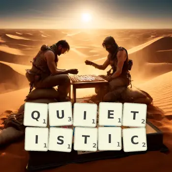 Creative illustration for a Scrabble game with the word QUIETISTIC spelled out in tiles on the board.