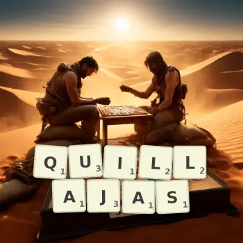 Creative illustration for a Scrabble game with the word QUILLAJAS spelled out in tiles on the board.